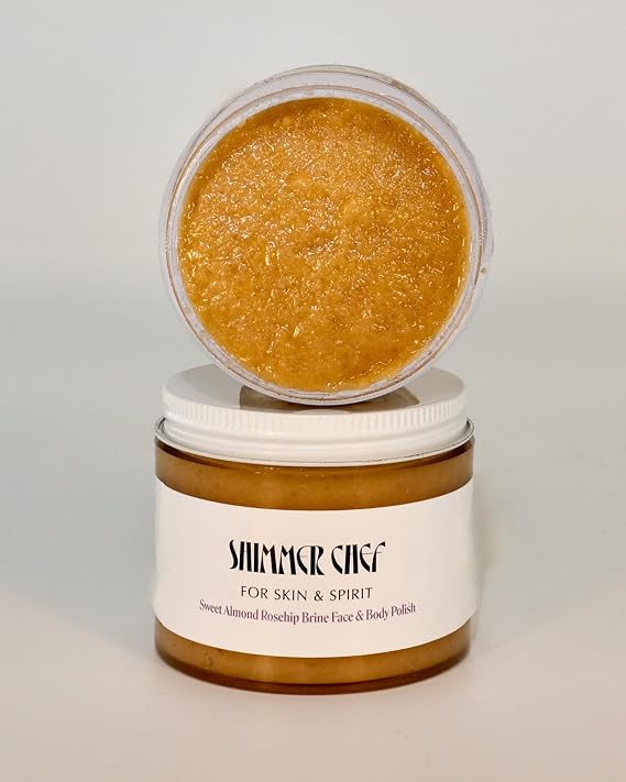 SHIMMER CHEF Sweet Almond Rosehip Brine Face & Body Polish | Fusion of Himalayan & Dead Sea Salt, Maple Sugar, Omega 3s & Vitamin E | Reveals Radiance, Elevates Mood with an Exquisite Fragrance 6.5 oz