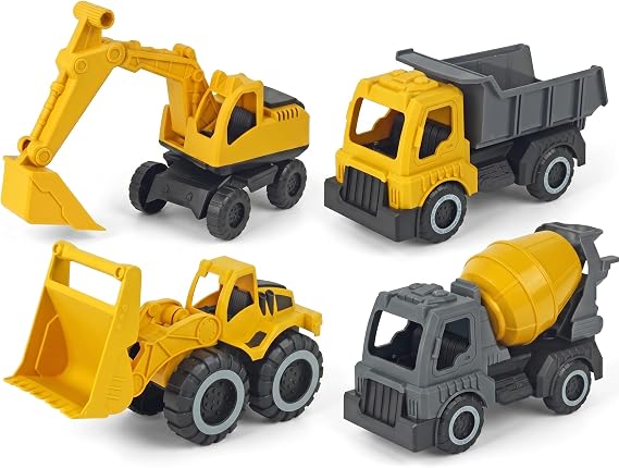 4pcs Construction Toys Set, Mini Excavator, Dump Truck, Bulldozer & Mixer, Yellow ABS Beach Toys for Boys