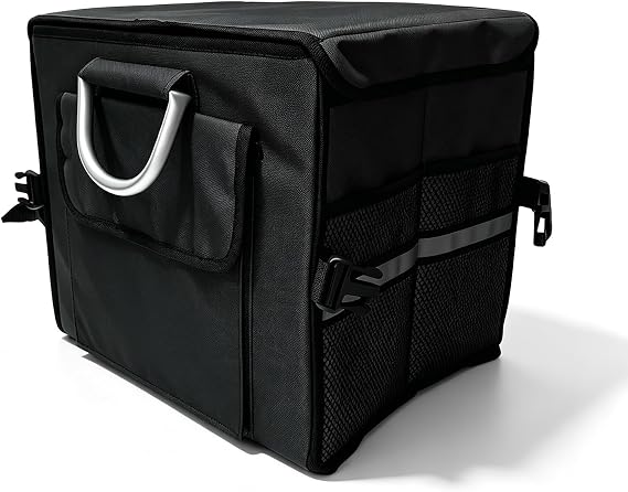 Car Trunk Organizer With Lid, 28L Foldable Vehicle Cargo Storage Box with Aluminum Handles & Reflective Strip, Waterproof Oxford Fabric Interior Trunk Organizer for Car Truck SUV (Black)