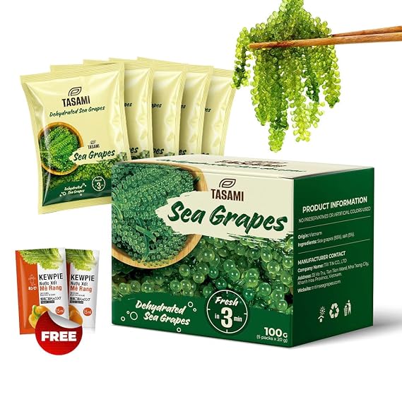 TASAMI Organic Sea Grapes, Lato Seaweed, Umibudo, Green Caviar, Dehyrated lato Seagrapes, Superfood - Enhance Health, Boosting Immune System (3.5 Oz (Pack of 5), 1 box)