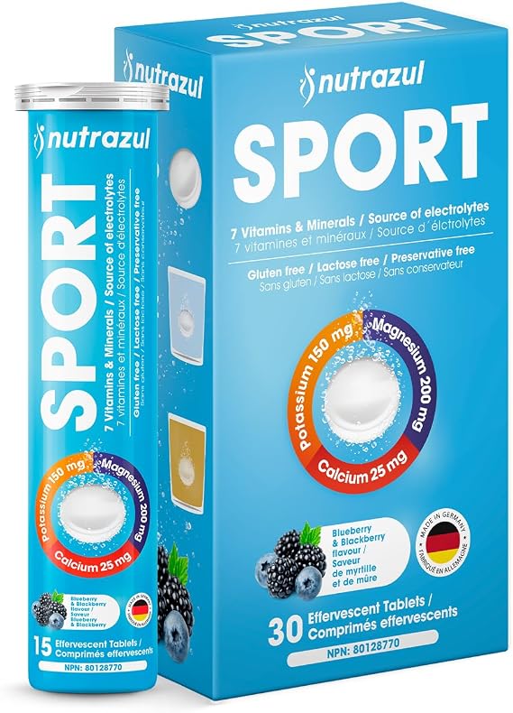 Nutrazul Sports Effervescent Tablets, Electrolytes & 7 Vitamins & Minerals, Daily Hydration and Energy, Caffeine-Free, Blueberry & BlackBerry Flavor, 30 Count