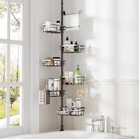 Vatex Corner Shower Caddy Tension Pole,30-120 Inch Adjustable Shower Shelves, 6-Tier Bathroom Organizer with Towel Rack/Toothbrush Holder, Showers Tension Rod Rack,Bronze