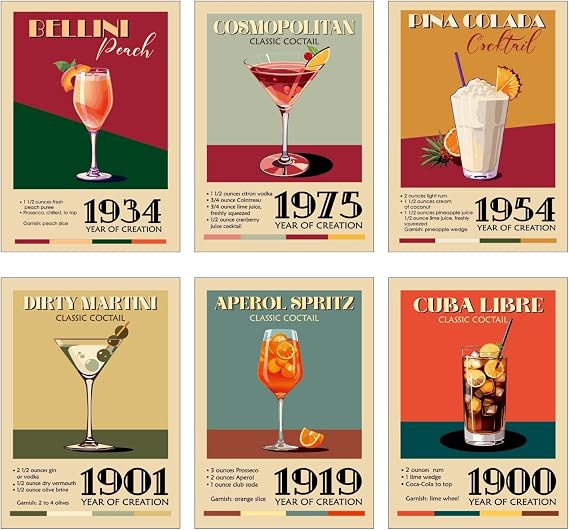 doodlecards Gallery Arts Set of 6 x A4 Size Retro Cocktails Set 3 Wall Art Posters Unframed Quality Prints