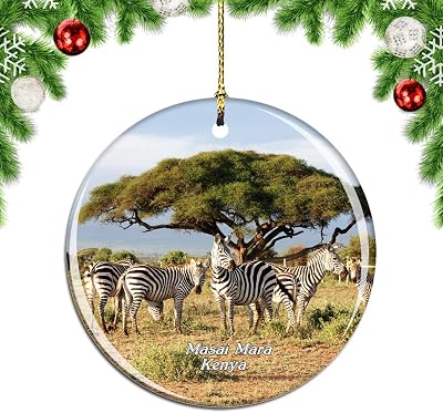 Weekino Kenya Masai Mara Zebras Safari Christmas Xmas Tree Ornament Decoration Hanging Pendant Decor City Travel Souvenir Collection Double Sided Porcelain 2.85 Inch