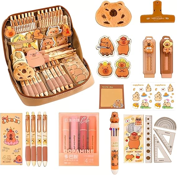 Capybara Stationery Set, 21-Piece Cute Capybara Pencil Case with Accessories, Multi-Compartment School and Office Organizer, Ideal Gift for Students and Artists