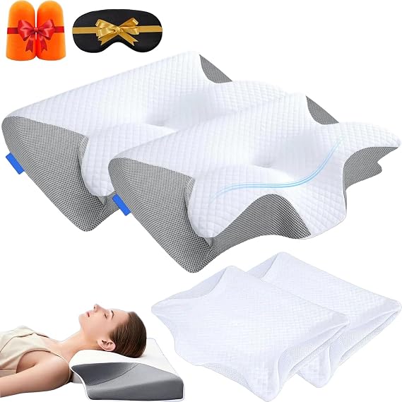GDSAFS 2026 Upgrade Neck Pillows, Neck Pillow Hospitality Collection with Neck Pillows Case, Memory Foam Ergonomic Orthopedic Bed Pillows for Side Back Stomach Sleeper (Gray*2)