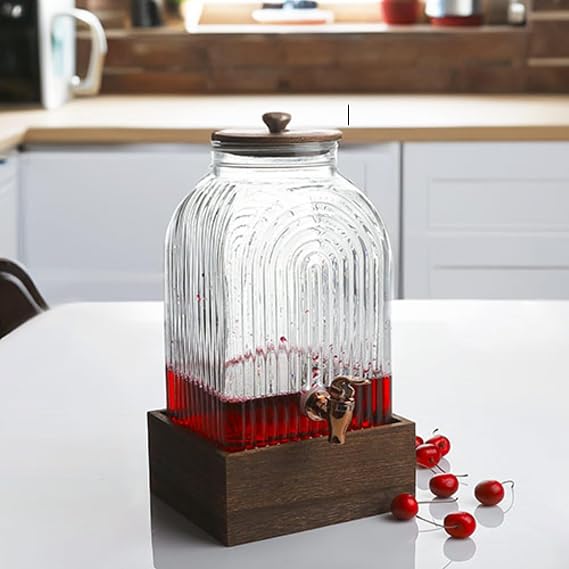 Glass Beverage Dispenser with Faucet 6 L Bamboo Stand Striped Sherbet Rope Stylish Presentation Water Dispenser with Handle