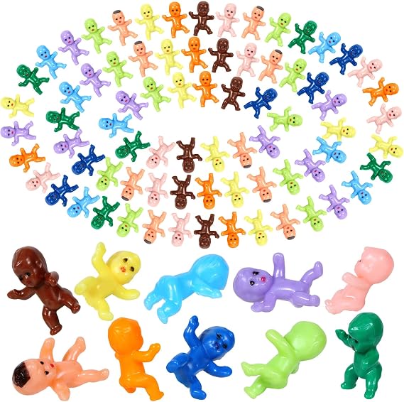 Selizo 100 Mini Plastic Babies: Assorted Colors, Tiny King Cake Figurines for Baby Shower Games & Ice Cube Fun