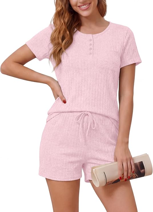 TIANZHU Women's Pyjamas Set Short Style LoungeWear Pjs for Women with Pockets UK Summer 2 Piece Outfits UK Size 8-26