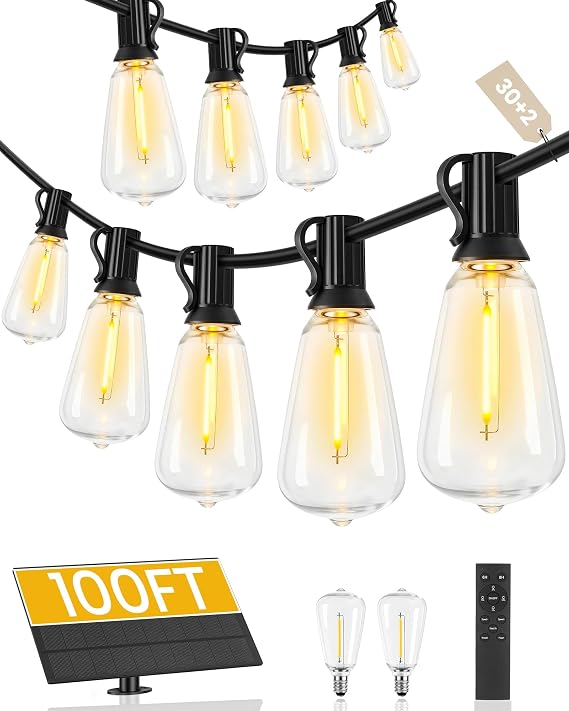 100FT Solar String Lights Outdoor, Waterproof LED Patio Lights with Remote Control, 30 Shatterproof Bulbs and 2 Spares, 3 Light Modes, for Patio, Yard, Garden, Party Decor, Black W03SS05
