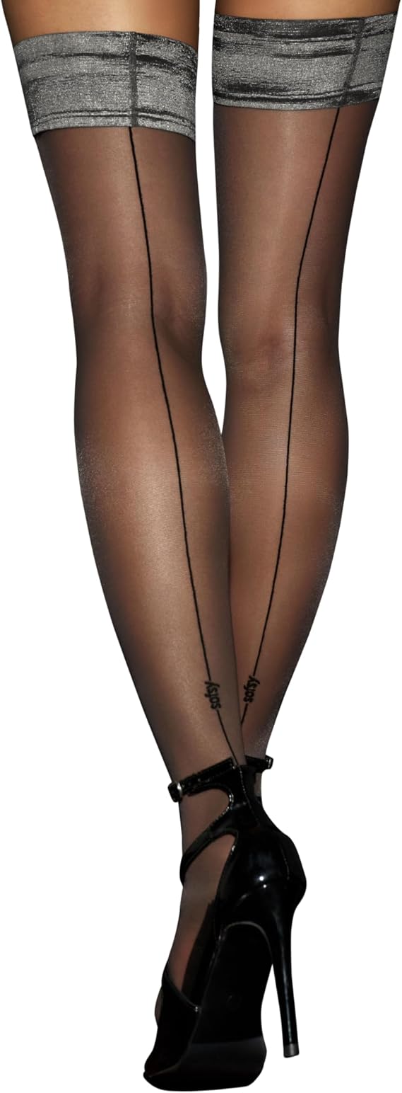 sofsy Silky 20 Denier Back Seam Thigh High Stockings for Women | Italian Sheer Tights, Backseam Patterned, Double-Silicone Stay-Up, Vintage Cuban Heel Design, Soft Nylon, Plain Band