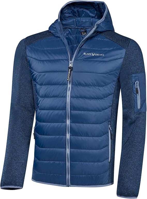 Black Crevice Men's Hybrid Jacket with Hood Lightweight Elastic Functional Jacket in Knitted Design Windproof Water-Repellent & Breathable - for Outdoor Hiking & Winter Sports