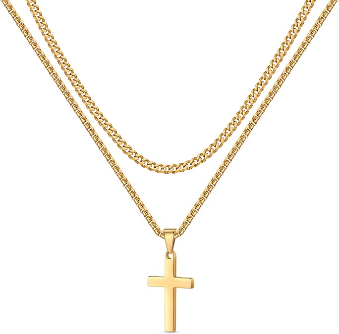 LUXEJEW Cross Necklace for Men Boys - Gold Silver Black Stainless Steel Cross Pendant Necklaces Layered Cuban Link Chain Necklace Jewelry Gifts 16 18 20 22 24 Inches