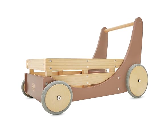 Kinderfeets 2-in-1 Wooden Cargo Walker Cart Wagon with Adjustable Rubber Wheels and Removable Basket for Children and Toddlers (Mocha)
