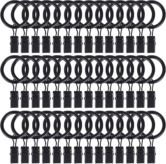 42 Pack Curtain Rod Clip Rings,1" Interior Diameter(Compatible with up to 5/8" Curtain Rod),Metal Drapery Ring with Clips,Strong Decorative Drapery Window Ring with Hooks,Rustproof Vintage(Black)