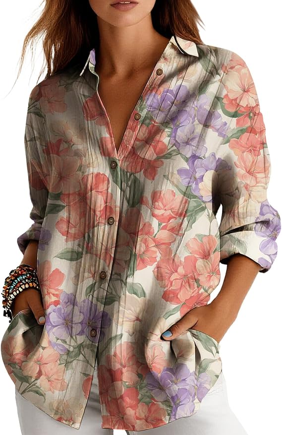 Womens Long Sleeve Floral Print Button Down V Neck Cotton Blend Blouse with Pockets