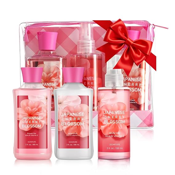 Japanese Cherry Blossom Bath Set for Women, Shower Gel Lotion & Body Mist | 3PC Travel Size Bath Gift Set - Personal Self-Care Kit For Mom, Teens, Bride, Ideal For Birthday & Holidays