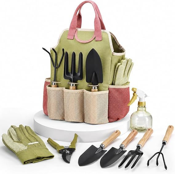 Gardening Kit - 9 PCs Garden Tools Set with Storage Tote Bag, Heavy Duty Stainless Steel Gardening Tools Gift Pack Including Rust-Proof Pruner, Trowel, Hand Rake & Fork