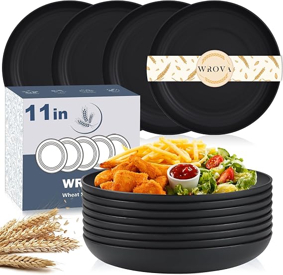 Wrova Large Wheat Straw Dinner Plates - 11 Inch Unbreakable Set of 8 - Dishwasher & Microwave Safe, Deep Edge for Kitchen and Camping (Black)