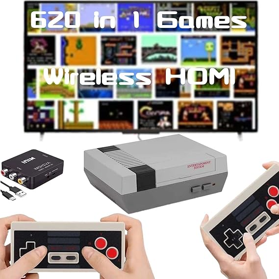 Classic Mini Retro Game Console Built in 620 Video Games,Av and HDMI Output Plug and Play Game System with Dual Wireless Controllers. Grey