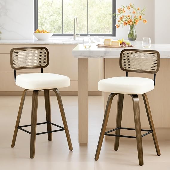 26" Counter Height Swivel Bar Stools Set of 2, Rattan Back,Cream