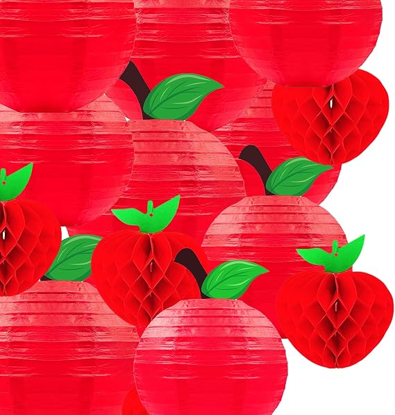 15Pcs Red Apple Paper Lanterns, Apple Decor Hanging Decorations Classroom Home Office Birthday & Fruit Themed Parties