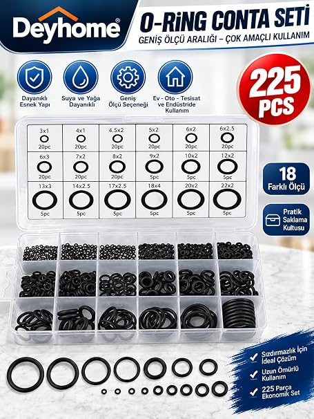 225 Parça O-Ring Conta Seti 18 Farklı Boy – Kauçuk Sızdırmazlık Halkası, Musluk, Hortum, Araç, Su ve Hava Tesisatı Tamir Bakım Kiti