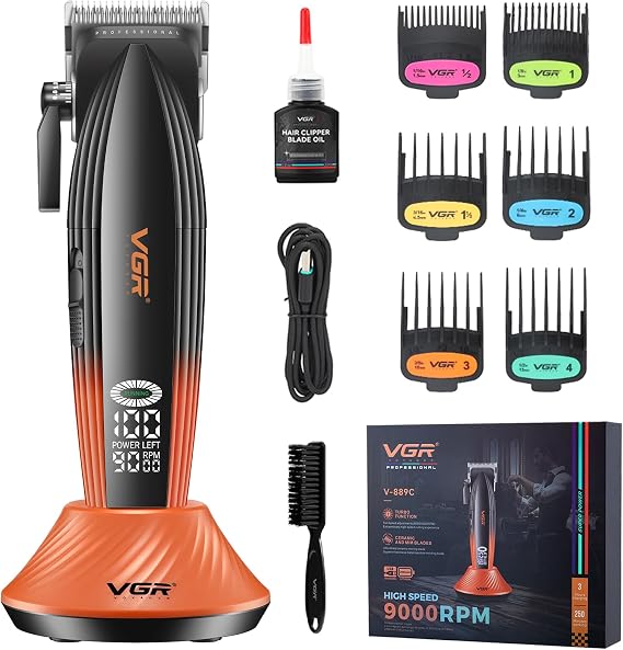 VGR 889C Professional Hair Clippers for Men with 9000 RPM Motor | two adjustable speeds; 2500mAh battery; 250min runtime; charging base; ceramic blade; cleaning brush; lubricating oil