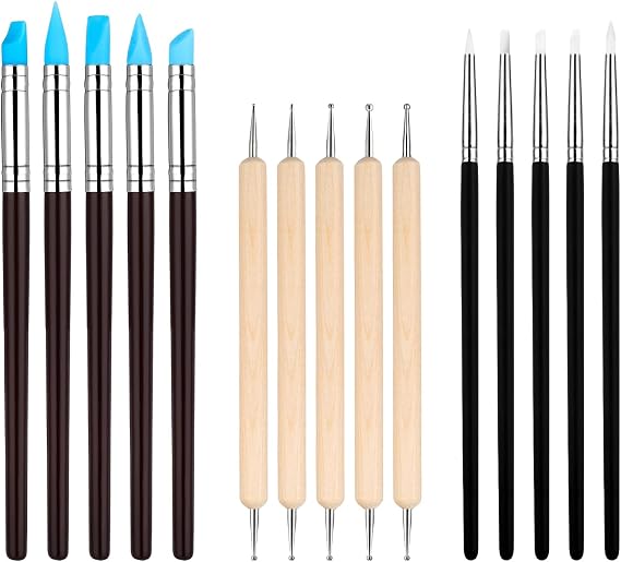 15PCS Pottery Tools, Silicone Clay Sculpting Tools, Double-Ended Polymer Clay Tool, Modeling Dotting Tool Set with Wooden Handle Ball Stylus for Pottery Sculpture Fondant Craft