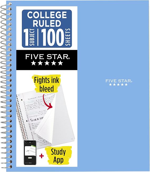 Five Star Spiral Notebook + Study App, 1 Subject, College Ruled 8.5" x 11" Paper, 100 Sheets, Blue (820002NH0)