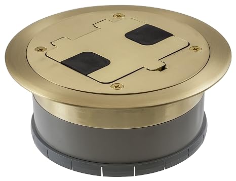 Bryant Electric RF406BP Pre-Assembled Flange, Cover, and Leveling Ring for Floor Boxes Poured in Concrete with 15A 125V Outlet Included, Brushed Brass Plate Solid