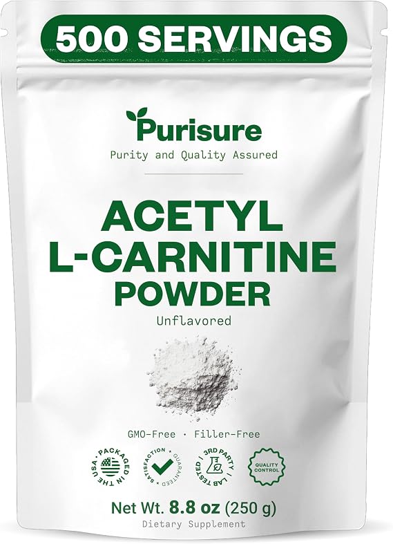Purisure Acetyl L-Carnitine Powder ALCAR Powder, Amino Acid Supplement, Acetyl L-Carnitine Supplement for Better Cognitive Performance and Muscular Endurance, Gluten Free, Non-GMO, 250g (8.8 oz)