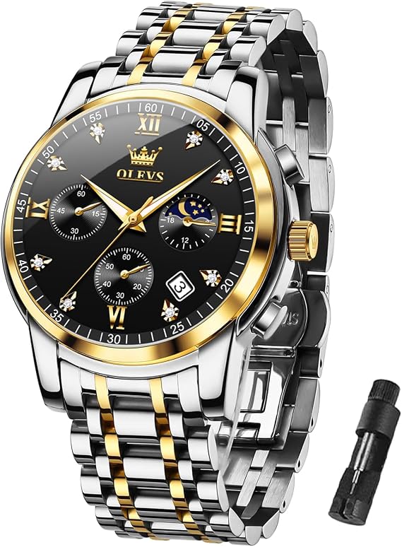 OLEVS Men's Waterproof Quartz Watch, Chronograph Stainless Steel Analog Watch for Men Functional Dial with Date Diamond Luminous Business Men's Watch