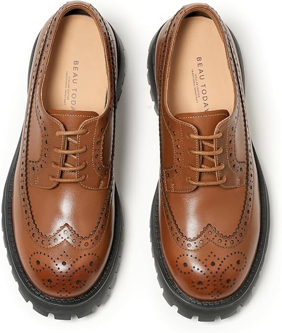 BEAU TODAY Women's Oxfords, Platform Oxfords for Women, Comfort Wingtip Brogue Dress Shoes, Chunky Leather Oxford Shoes for Women, Casual Lace-up Business Office Work Shoes