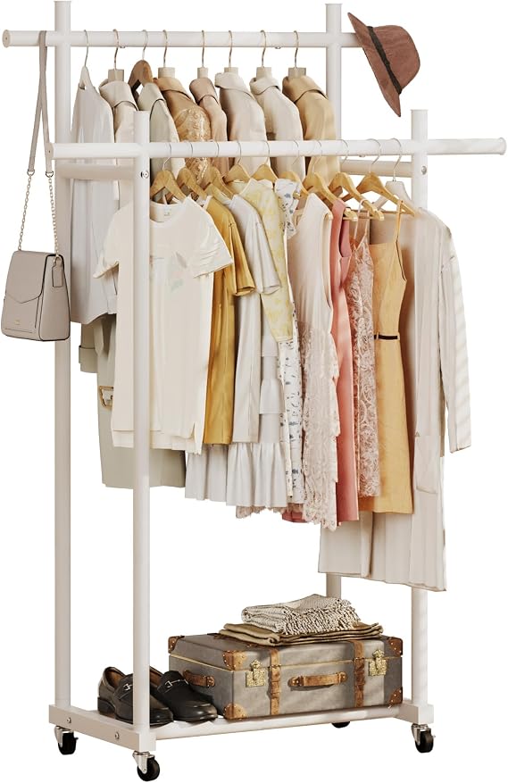 Lutown-Teen Metal Clothes Rack with Lockable Wheels, Double Rods, White