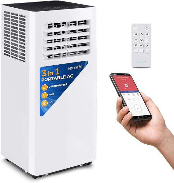 SereneLife Smart Portable Air Conditioner, 8000 BTU Small AC Unit with Wi-Fi Function, Dehumidifier and Fan, Mini AC Unit with 350 Sq. Ft. Coverage, and Window Mount Kit for Room