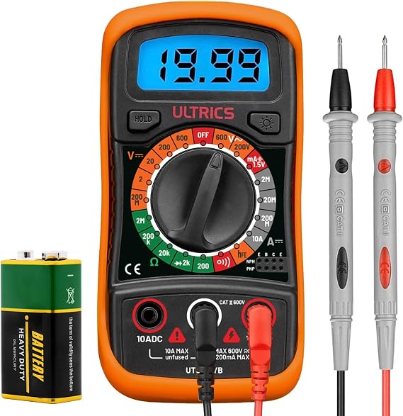 Digital Multimeter Tester by ULTRICS, 2000 Counts Volt Meter and Voltage Tester with Backlit LCD, Data Hold and Test Leads for AC DC Voltage, Current, Resistance, Continuity, Diode and Battery Test