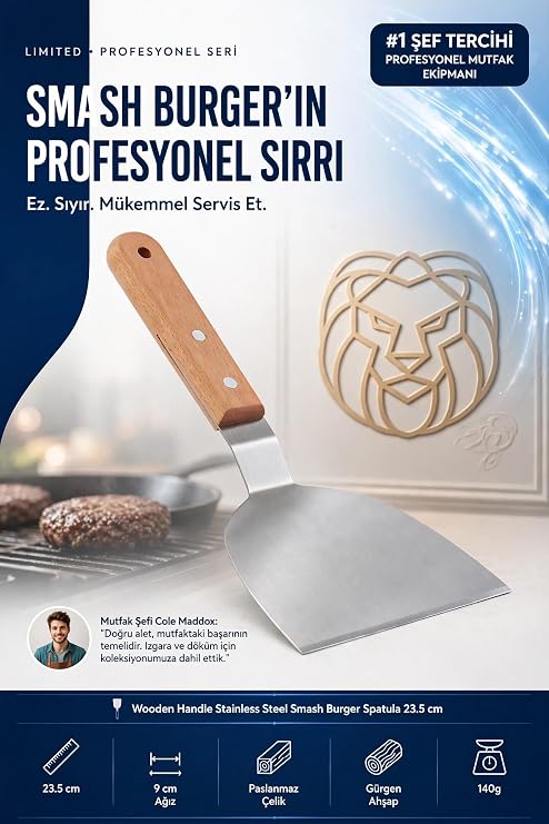 Transformacion Ahşap Saplı Paslanmaz Çelik Smash Burger Köfte Spatulası 23.5 cm 722376
