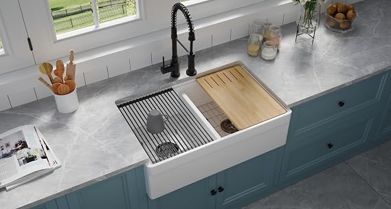 Stallion Creek 33 inch Double Bowl Workstation Fireclay Kitchen Sink with Reversible Fluted Apron Front in White