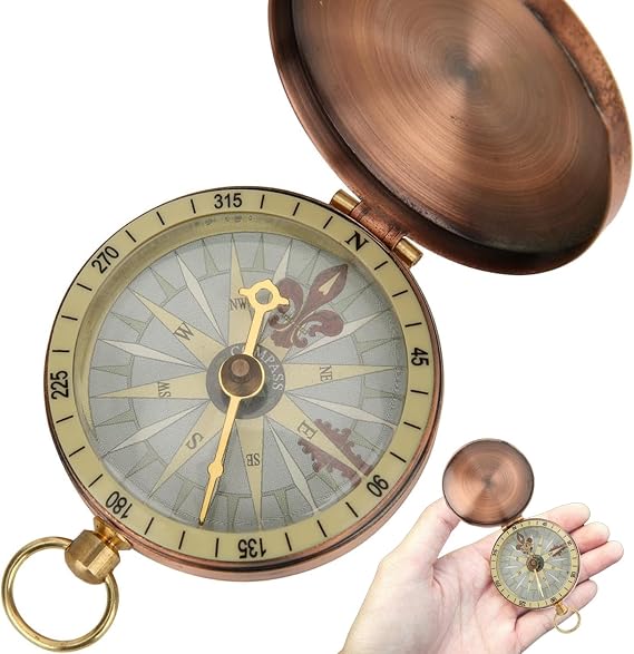 Portable Vintage Retro Copper Compass with Flip Lid Small Brass Compass Outdoor Pocket Watch Style High Quality Compass Pendant as a Gift for Camping Hiking Boating
