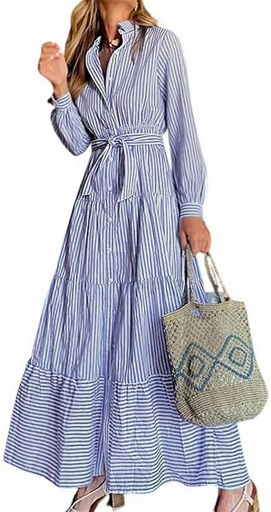 utcoco Women Casual Long Sleeve Button Down Tie Waist Ruffled Striped Maxi Shirt Dress (Large, Blue)