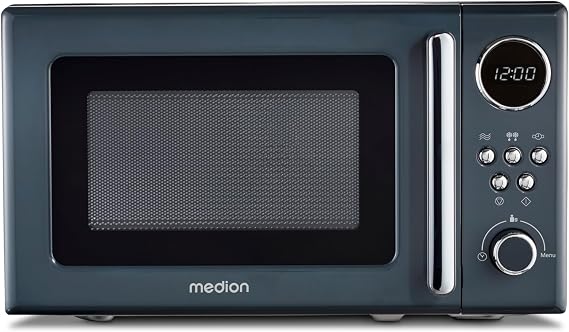 MEDION MD15000 Retro Microwave Small (20 Litres Approx. 800 Watt 5 Microwave Levels 8 Automatic Programmes Digital Display Defrost Function Compact Grey