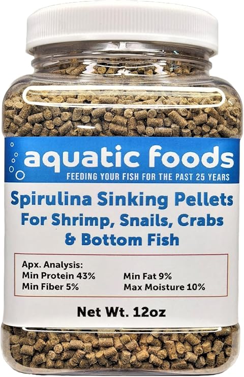 Spirulina Sinking Pellets for Shrimp, Snails, Crabs, Catfish, Plecos for All Tropical Fish 1/16" x 3/8" Pellets by Zeigler...12oz Small Jar