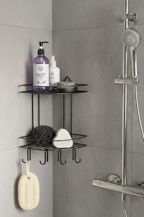 Sas Haus Banyo Köşe Rafı Askılı Duş Organizeri ve Şampuanlık 2 Katlı Siyah EK-02