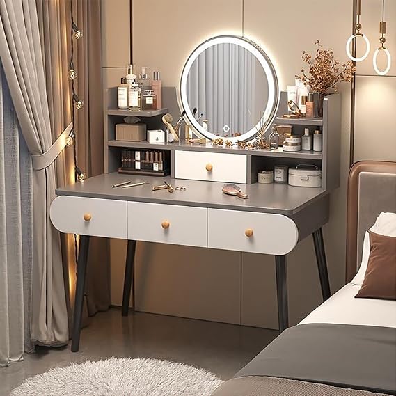 Dressing Table with LED Lights, Bedroom Vanity Makeup Desk, Vanity Table with 4 Drawers, Home Furniture Bedroom Makeup Vanity Table Stool Set A,120X100X40CM