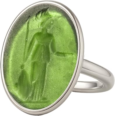 Goddess Athena Intaglio Ring in 925 Sterling Silver with Green Glass Cameo Handmade Mythological Coin Jewelry for Women Inspired by Ancient Greek Art Symbol of Wisdom, Power and Protection
