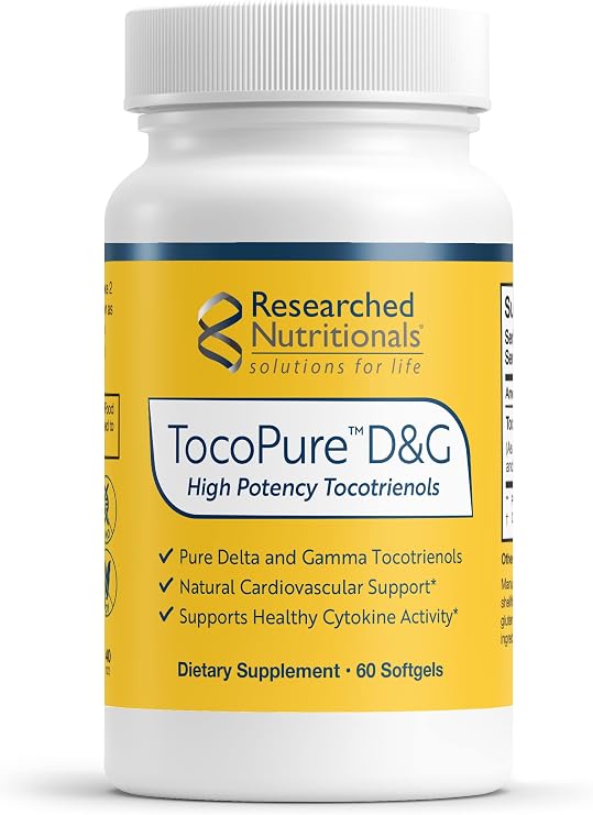 Researched Nutritionals TocoPure D&G - Vitamin E Tocotrienols - Annatto Tocotrienols Antioxidant Supplement with Delta + Gamma E for Heart Health, Lipid Metabolism & Cellular Support (60 Softgels)