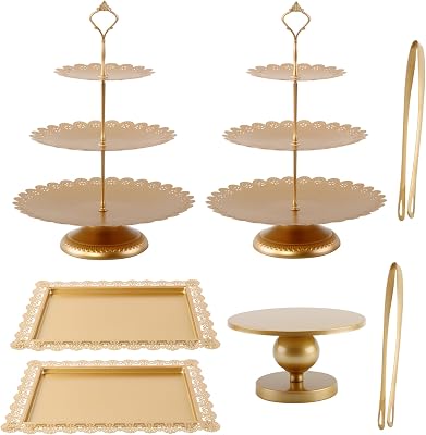 GMWD Set of 7 Gold Cake Stand Desserts Display Table Pedestals 3-Tiered Cupcakes Holder Serving Tray Decorative Weddings Birthdays Party Baby Showers Celebrations