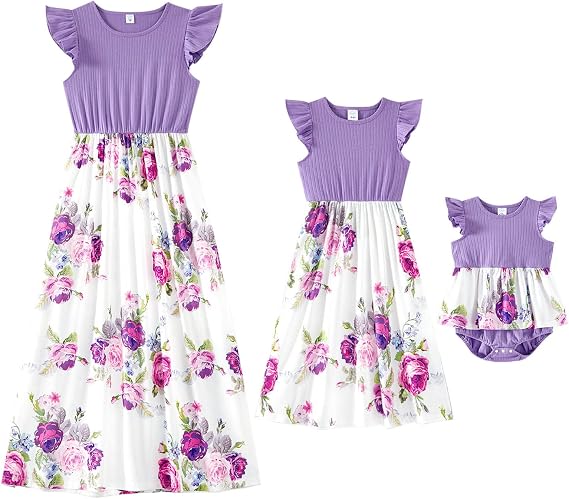 IFFEI Mommy and Me Dresses Matching Outfits Floral Printed Sleeveless Tank Maxi Dress for Mother and Daughter