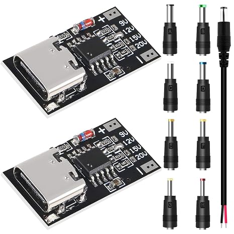 2 pcs USB-C PD Trigger Module PD/QC2.0 3.0 QC4+ Decoy Board Fast Charge 9V 12V 15V 20V 5A Boost Power Module Voltage fixed setting output with DC Connector Kits DC male cable